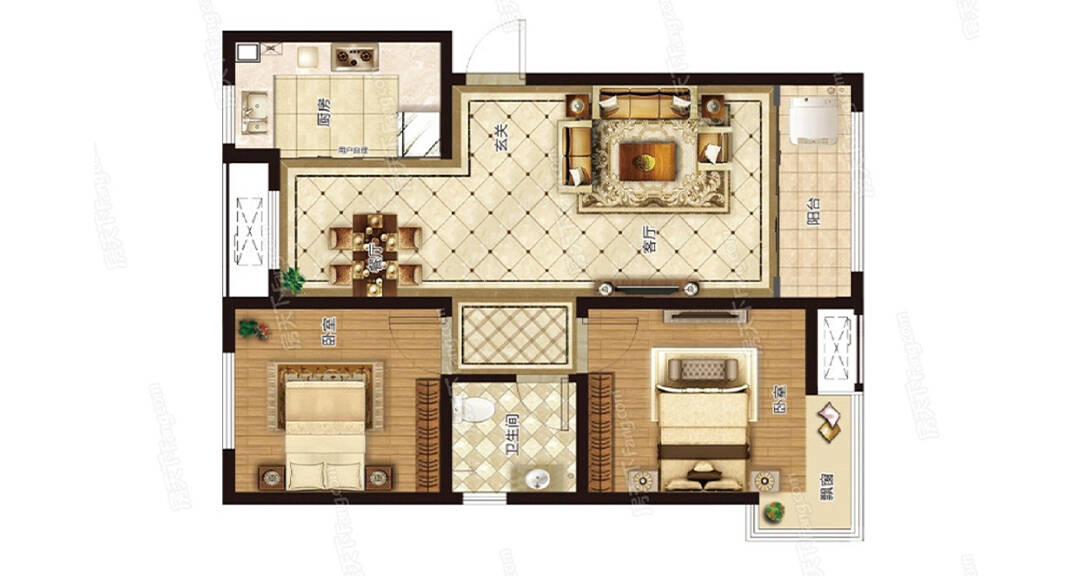 鑫江桂花園2室2廳77平美式風格裝修戶型圖